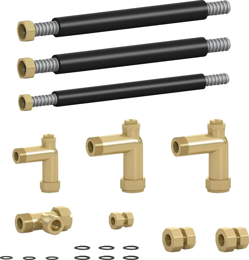 Installationszubehör mit mehreren Verbindungselementen und Rohren. Enthält Winkel, Schellen und Dichtungen, geeignet für die Verwendung mit Bosch Pufferspeichern.